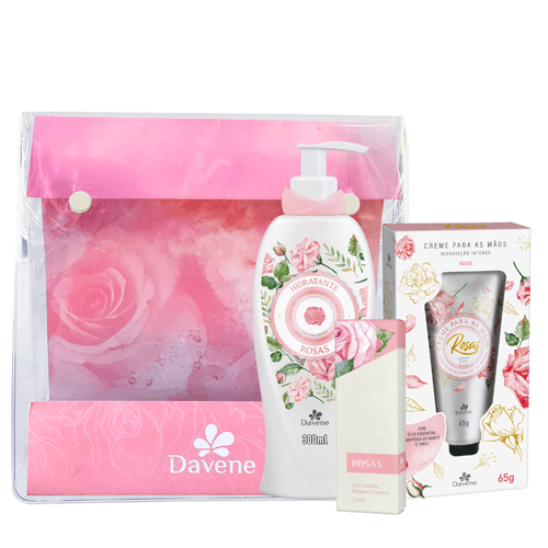 Kit Rosas Com Creme De Mãos + Hidrante + Perfume Essence 12ml + Necessarie