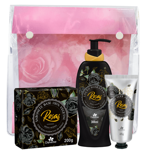Kit Rosas Negras - Sabonete barra + Hidratante + Creme de mãos + Necessarie